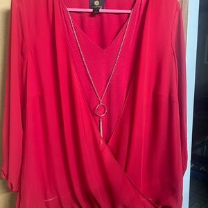 JM Collection Vibrant Red Blouse with attached Necklace